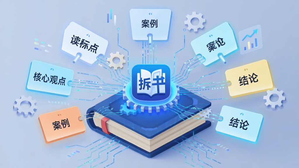 厚读智能拆书引擎工作场景,画面展示一本厚书被分解成多个发光卡片悬浮在空中,卡片上写有“核心观点”“案例”“结论”等字样,主体为拆书引擎图标,布局采用中心发散式,风格为扁平化科技感,细节包含数据流线条、齿轮元素,画质高清,干净无杂乱