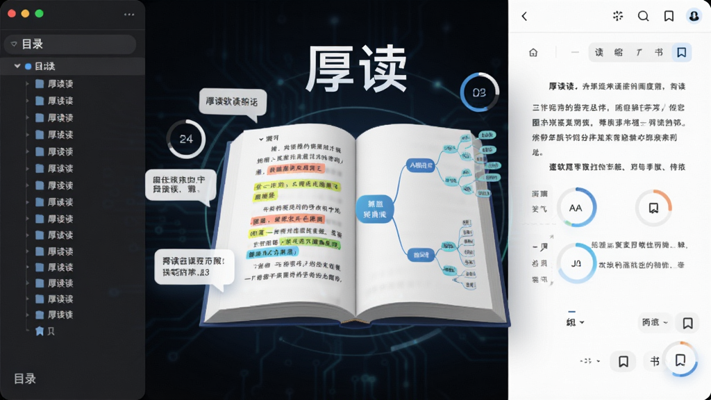 厚读软件主界面展示,画面中央是一本翻开的电子书,书页上浮动着高亮标注与思维导图节点,周围环绕着“厚读”文字标识,布局采用左右分栏,左侧为目录树,右侧为阅读区,风格为现代简约科技风,细节包含笔记气泡、进度环、书签图标,画质清晰干净,无多余元素
