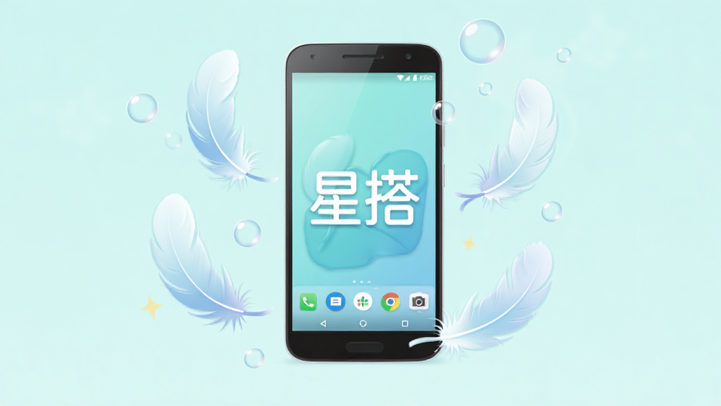 一张以“星搭”为主题的创意插画,画面中心是一部安卓手机,手机周围环绕着轻盈的羽毛和气泡元素,象征软件轻量省电,背景为淡青色,布局简洁,风格清新,细节柔和,画质干净,无多余元素