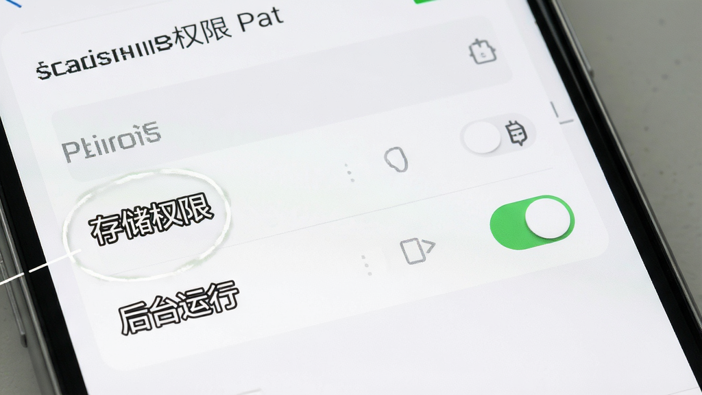 一张手机安全设置界面的示意图,画面中手机屏幕显示权限管理页面,重点标注“存储权限”和“后台运行”开关,界面风格简洁,配色为白色和浅灰色,排版清晰,细节干净,画质锐利,无多余元素