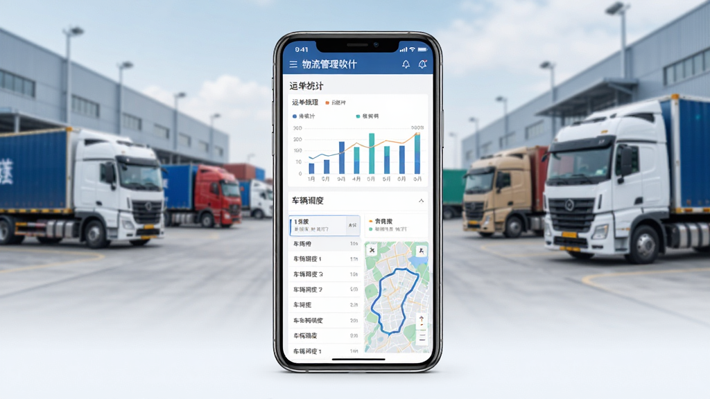 物流公社承运商软件主界面全貌展示图,画面中央放置一部智能手机,屏幕显示物流管理仪表盘,包含运单统计图表、车辆调度列表和地图轨迹模块,背景为现代物流园区与运输货车,布局采用居中构图,风格简洁商务科技感,细节丰富清晰,画质高清,干净无多余元素