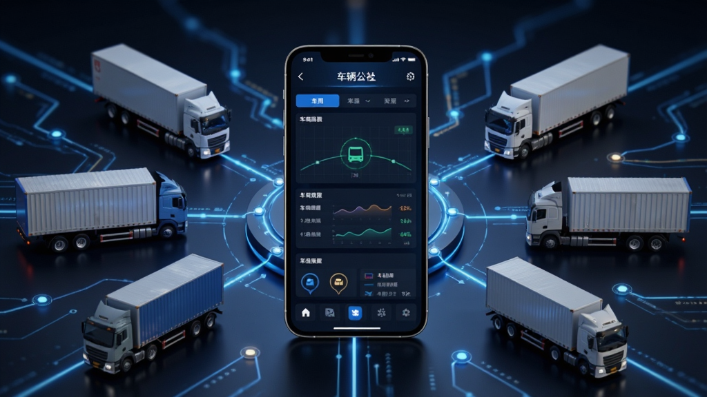 物流公社承运商智能车辆调度功能展示图,画面中央为手机屏幕显示车辆调度面板,周围环绕多辆物流货车与路线节点,布局采用放射状构图,风格现代科技感,细节丰富,画质高清干净,无多余元素