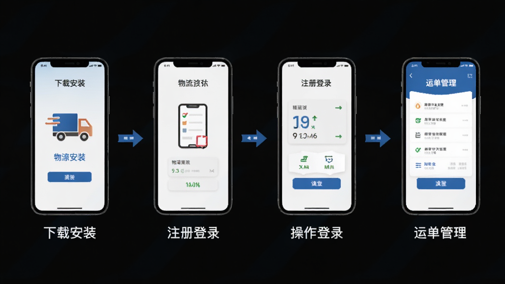 物流公社承运商手机端操作流程示意图,画面展示从下载安装到注册登录再到运单管理的四步操作流程,布局为横向时间轴排列,风格简洁教程风,细节清晰,画质高清干净,无多余元素