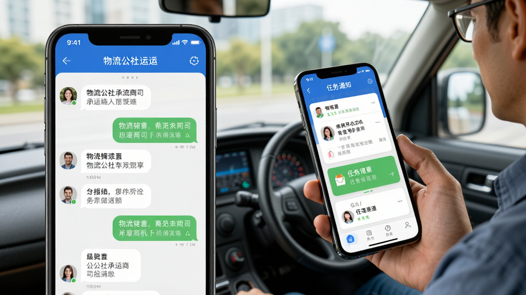 物流公社承运商司机协同消息界面图,手机屏幕显示聊天式消息列表与任务通知卡片,旁边有司机手持手机查看信息的场景,布局为左右分屏,风格亲和现代,细节生动,画质高清干净,无多余元素