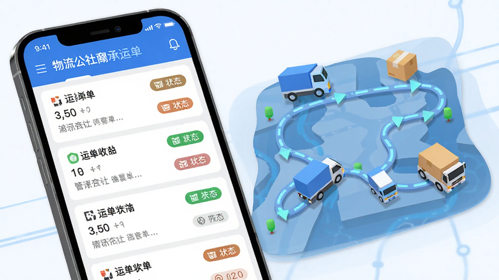 物流公社承运商运单管理界面特写图,画面展示手机屏幕上的运单列表与状态标签,旁边配有虚拟的物流运输路线图与货车图标,布局为左侧手机右侧信息图,风格扁平化科技风,细节清晰,画质干净高清,无多余装饰元素