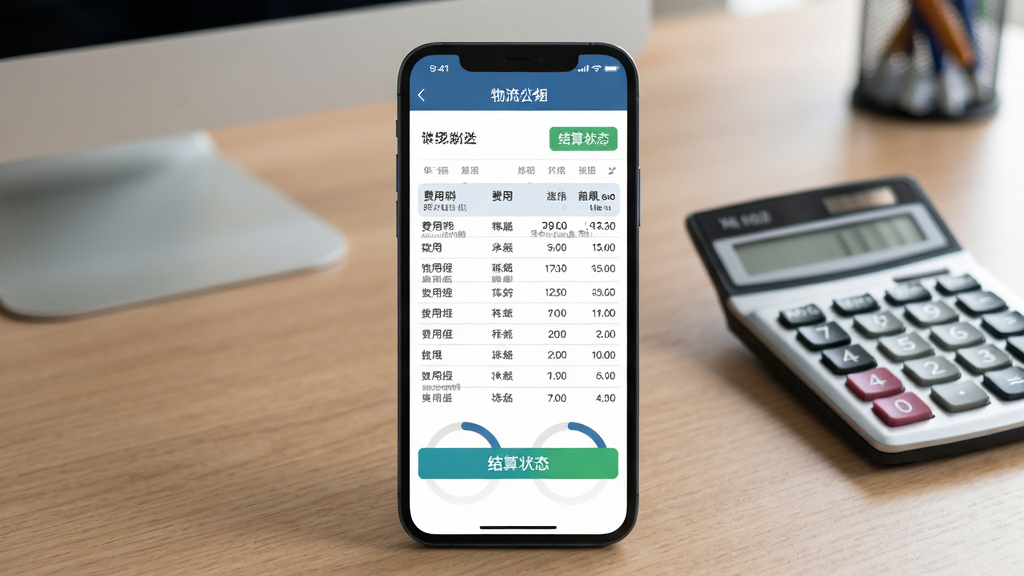 物流公社承运商财务对账界面展示图,手机屏幕显示费用明细表格与结算状态标签,背景为办公桌面与计算器,布局居中,风格简洁商务,细节清晰,画质高清,干净无多余元素