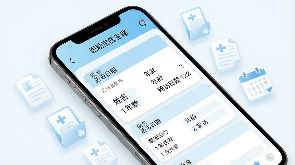 一张展示医助宝医生端患者档案管理功能的预览图,画面主体为手机屏幕特写,屏幕中显示患者档案卡片列表,卡片上标注“医助宝医生端”文字;布局采用对角线构图,手机斜置于画面中央,周围环绕半透明的病历图标与日历标记;风格为清新简约的医疗科技风;细节上卡片内可见姓名、年龄、随访日期等字段,色调以浅蓝与白色为主;画质清晰,干净,无多余元素。