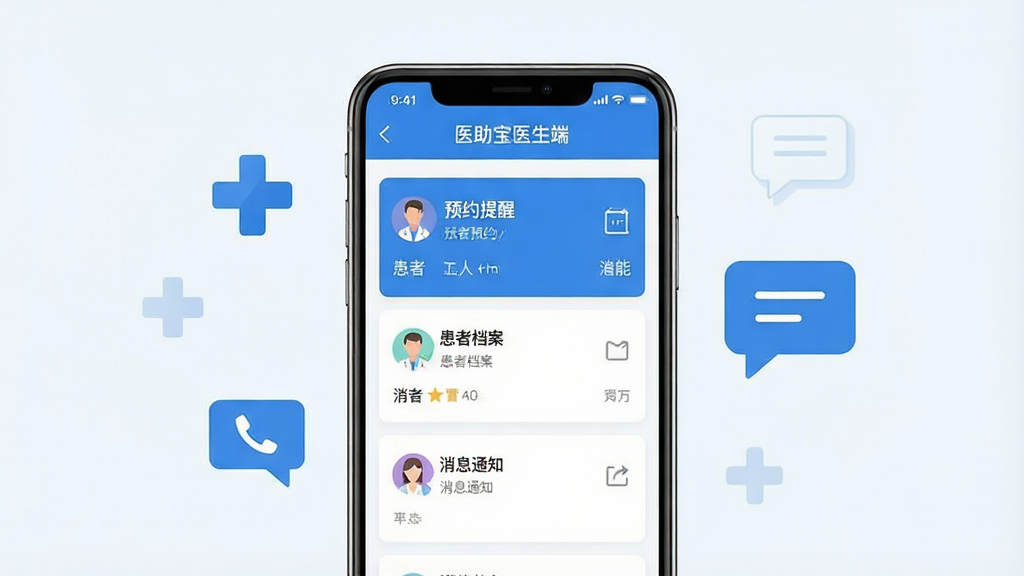 一张展示医助宝医生端手机应用主界面的预览图,画面中央为一部竖屏智能手机,手机屏幕内显示医助宝医生端的患者列表与功能菜单界面,界面中包含“医助宝医生端”文字标识;布局采用居中构图,手机两侧点缀简洁的医疗十字图标与对话气泡元素;排版干净利落,风格为现代扁平化科技风;细节上屏幕内展示预约提醒、患者档案、消息通知等模块图标,色调以蓝白为主;画质清晰,干净,无多余元素。