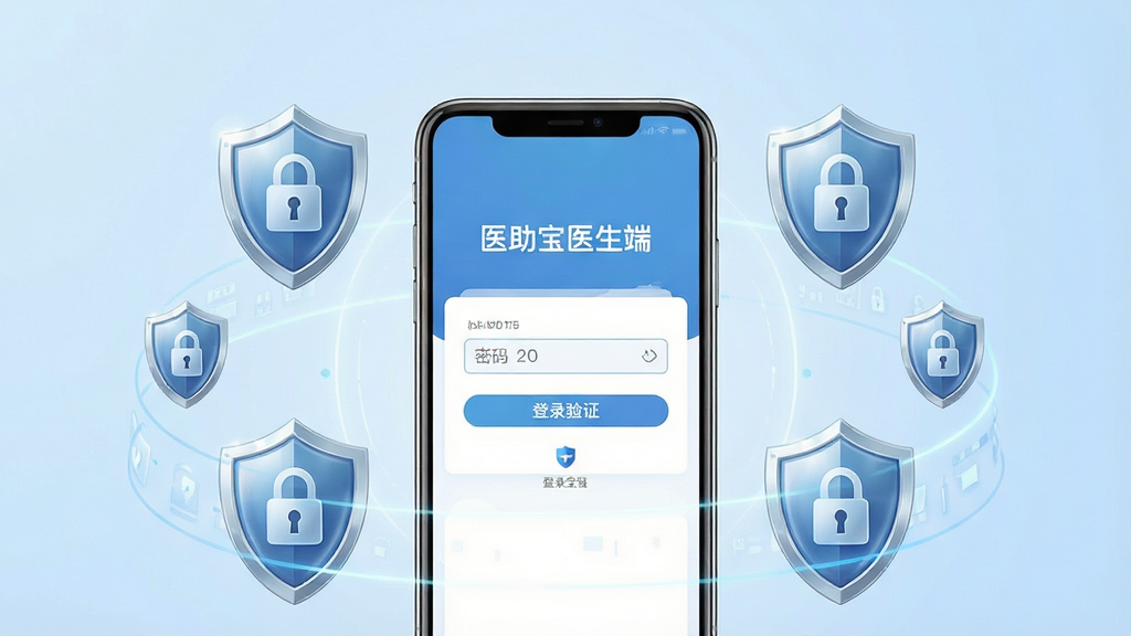 一张展示医助宝医生端数据安全与隐私保护概念的预览图,画面中心为一部手机屏幕显示医助宝医生端登录验证界面,手机外围环绕盾牌与锁形图标;布局采用中心对称构图,背景为柔和的浅蓝色渐变;风格为安全科技风;细节上盾牌表面有细微的光泽质感,手机屏幕内可见“医助宝医生端”字样与密码输入框;画质清晰,干净,无多余元素。