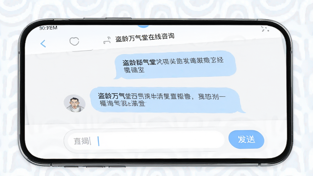 一张展示盗龄万堂在线咨询功能的界面图,主体为手机屏幕,屏幕内显示聊天咨询窗口,包含消息气泡、输入框和发送按钮,布局为经典聊天界面排版,风格为柔和圆角设计,细节包括淡蓝色消息气泡、清晰的文字内容、简洁的顶部导航,画质高清,画面干净无杂乱元素