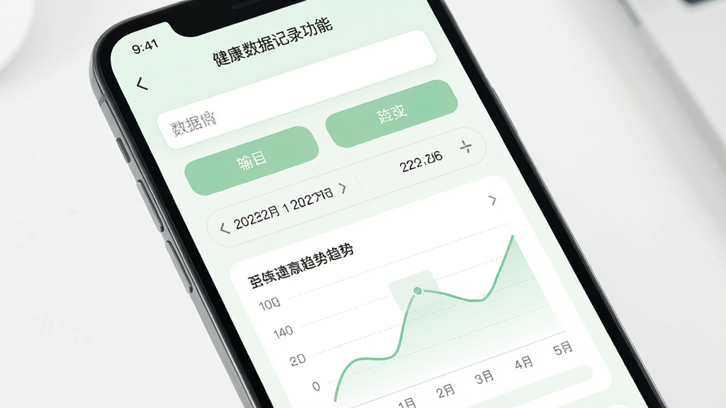 一张展示盗龄万堂健康数据记录功能的界面图,主体为手机屏幕,屏幕内显示数据记录页面,包含输入框、日期选择器和趋势图表,布局为上下结构,上方为录入区域下方为图表展示区,风格为清新浅色系,细节包括柔和的绿色调、圆润的输入框、清晰的折线图,画质高清,画面干净整洁