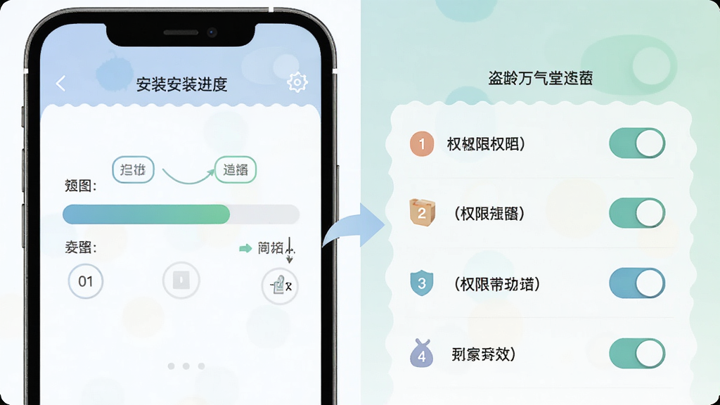 一张展示盗龄万堂安装与权限设置流程的示意图,主体为手机屏幕和设置界面组合,布局为左右分栏,左侧显示安装进度条右侧显示权限开关列表,风格为扁平化信息图风格,细节包括清晰的步骤编号、箭头引导、柔和的色彩搭配,画质高清,画面干净无多余装饰