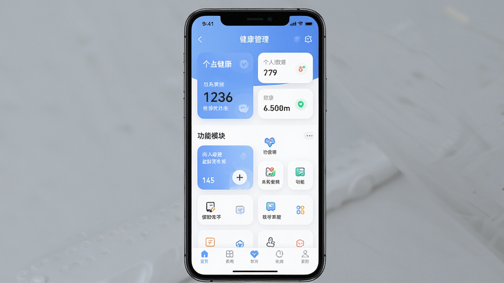 一张展示盗龄万堂软件界面的手机预览图,主体为竖屏手机屏幕,屏幕内显示健康管理应用首页,包含个人健康数据卡片、功能入口图标和底部导航栏,布局简洁清晰,排版从上到下依次为顶部状态栏、数据概览区、功能模块区,风格为现代简约科技风,细节包括柔和的蓝白配色、圆角卡片设计、清晰的图标线条,画质高清,画面干净,无多余元素