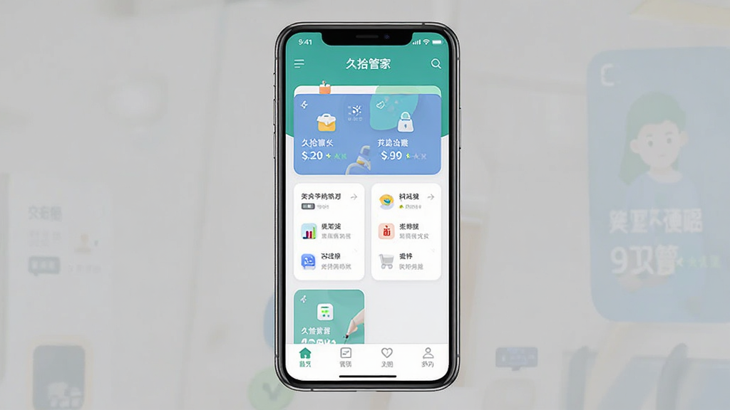一张手机屏幕正面展示图,画面中央是「久拾管家」应用主界面,主体为手机与APP界面,布局居中,排版简洁,风格为现代扁平化UI设计,细节包括顶部标题栏、中部功能卡片、底部导航栏,画质清晰,干净,无多余元素