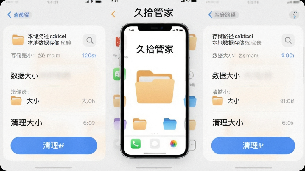 一张手机存储管理界面图,画面中央是「久拾管家」的本地数据存储示意,主体为手机与文件夹图标,布局左右分布,排版清晰,风格为浅灰质感,细节包括存储路径、数据大小、清理按钮,画质清晰,干净,无多余元素