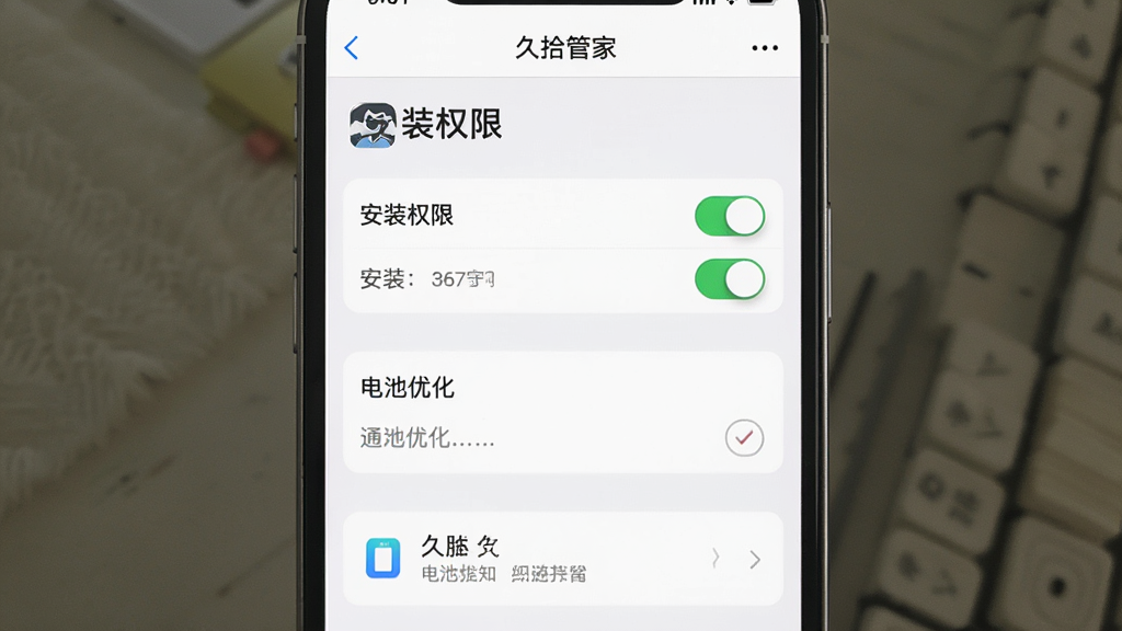 一张手机应用权限设置界面图,画面中央是「久拾管家」的安装权限与通知设置页面,主体为手机屏幕,布局上下结构,排版清晰,风格为清爽素雅,细节包括权限开关、通知选项、电池优化入口,画质清晰,干净,无多余元素