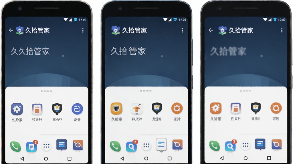 一张多台安卓手机并排展示图,画面中央是「久拾管家」在不同机型上的运行效果,主体为三台手机,布局横向排列,排版均匀,风格为简约商务,细节包括不同屏幕尺寸、相同界面布局、清晰图标,画质清晰,干净,无多余元素