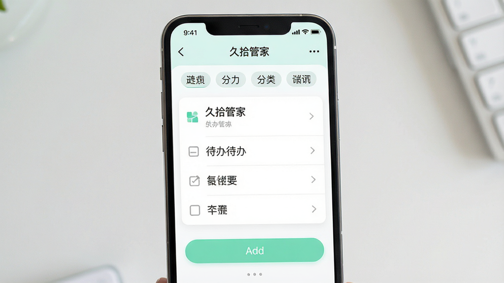 一张手机应用界面展示图,画面中央是「久拾管家」的事务管理面板,主体为手机屏幕,布局为上下结构,排版整齐,风格为清新浅色UI,细节包括待办列表、分类标签、添加按钮,画质清晰,干净,无多余元素