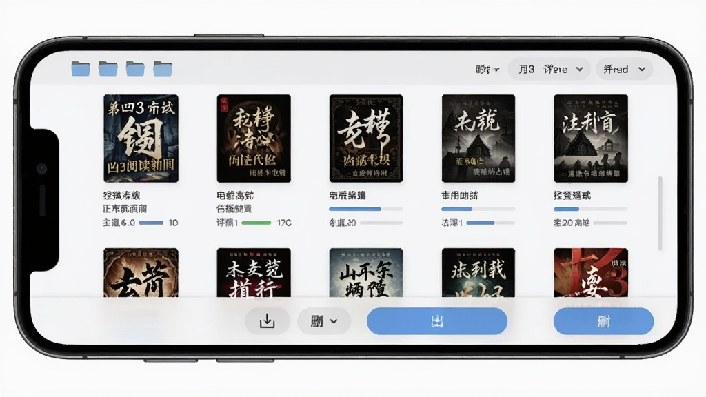 一幅凹3阅读助手离线下载管理界面的图片,手机屏幕显示下载列表,包含多本小说封面、下载进度条和存储占用信息,底部有导出和删除按钮,背景为浅灰色,风格清爽商务,细节包括文件夹图标和排序选项,画质清晰,无多余元素