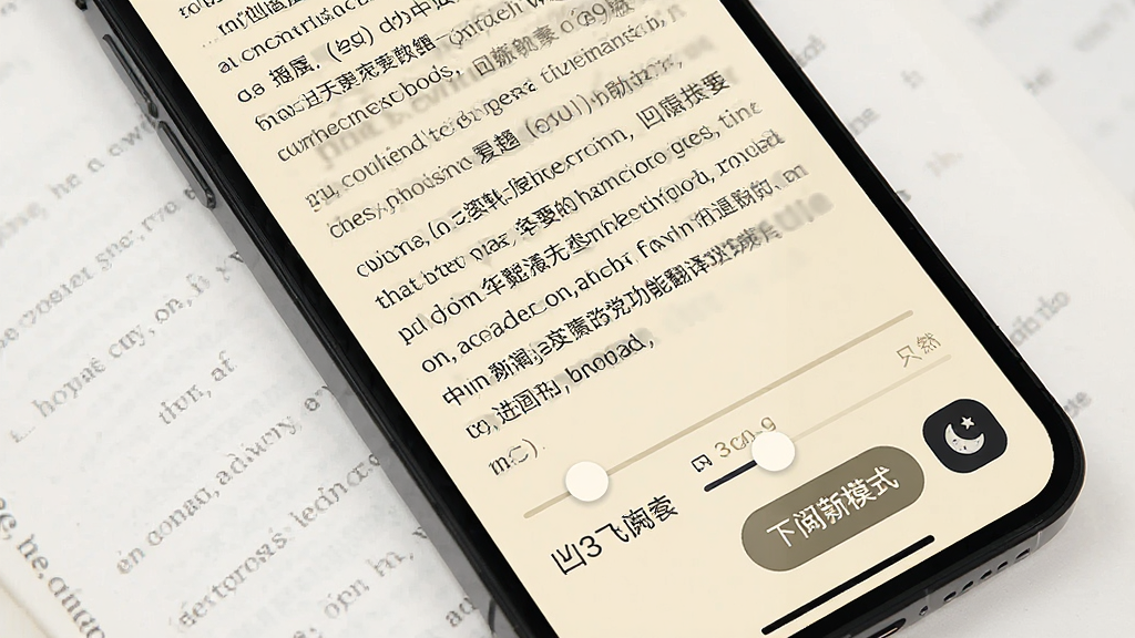 一张凹3阅读助手翻译功能展示图,手机屏幕显示一段英文小说文本被翻译成中文,翻译按钮位于右下角,界面采用护眼米黄色背景,排版工整,风格简洁实用,细节包括字体调节滑块和夜间模式图标,画质高清,干净无杂乱元素