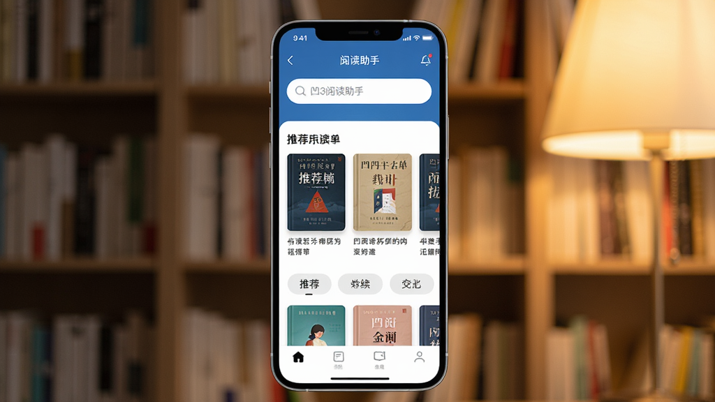 一张展示凹3阅读助手手机应用界面的图片,画面中央是一部智能手机,屏幕上显示着凹3阅读助手的首页,包含搜索框、推荐书单和分类标签,背景是柔和的书架与暖色灯光,整体布局清晰,风格现代简约,细节包括书籍封面缩略图和底部导航栏,画质高清,干净无多余元素