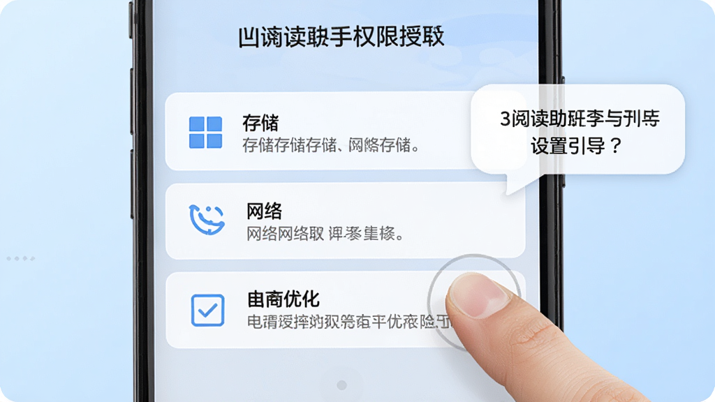 一张凹3阅读助手新手设置引导图,手机屏幕显示权限授权页面,包含存储、网络、电池优化三个选项,每个选项旁有勾选框和说明文字,背景为浅蓝色渐变,风格友好清晰,细节包括手指点击屏幕的示意和提示气泡,画质高清,干净无多余元素