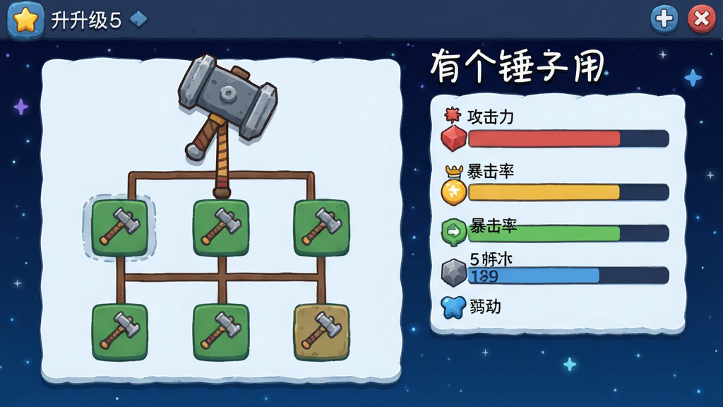 游戏内的角色升级界面,展示一把大锤的升级树,旁边有攻击力、暴击率等属性条,界面风格为卡通扁平化,背景为深蓝色星空,画面中有“有个锤子用”文字标识,布局清晰,干净无多余元素,高清画质
