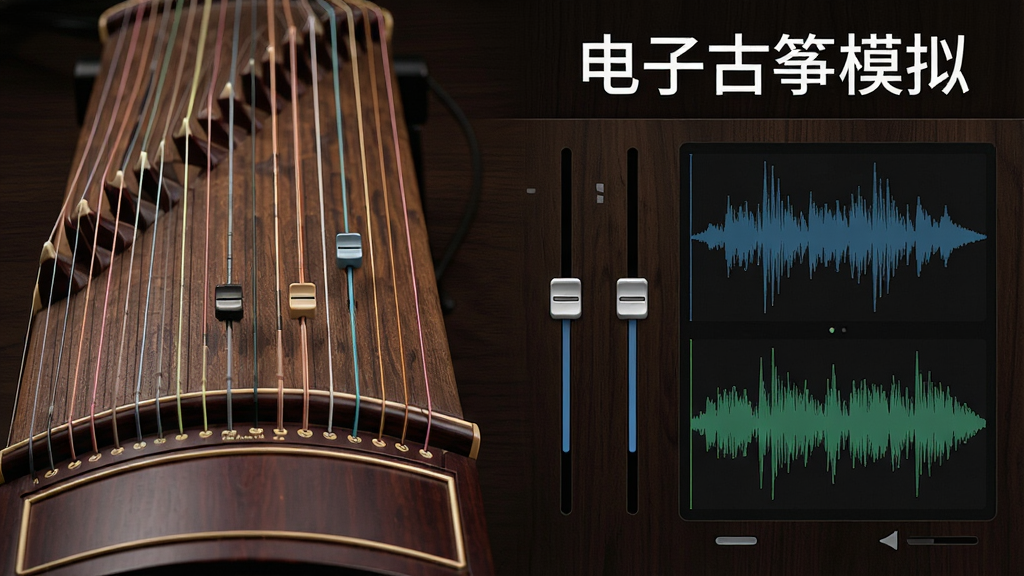 一张展示电子古筝模拟音色调节界面的图片,画面左侧为古筝琴弦特写,右侧为音色参数滑块与波形图,背景为深色木质纹理,风格专业简洁,画质清晰,图中带有“电子古筝模拟”文字标识