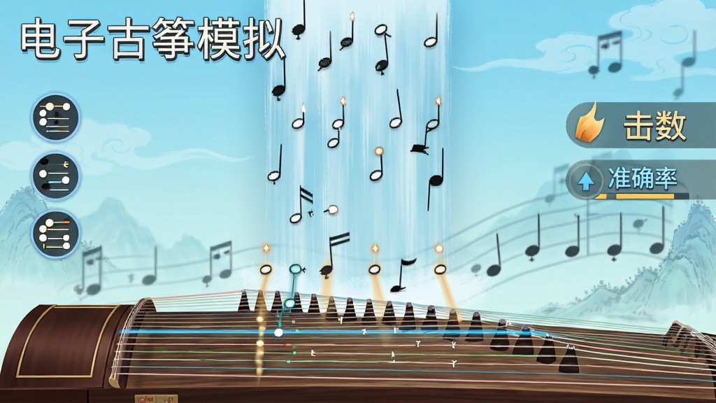 一张展示电子古筝模拟曲谱跟弹界面的图片,画面中瀑布流音符从屏幕上方下落至底部琴弦判定线,左侧有指法提示图标,右侧显示连击数与准确率,背景为中国风淡蓝色渐变,风格清新明快,画质清晰,图中带有“电子古筝模拟”文字标识