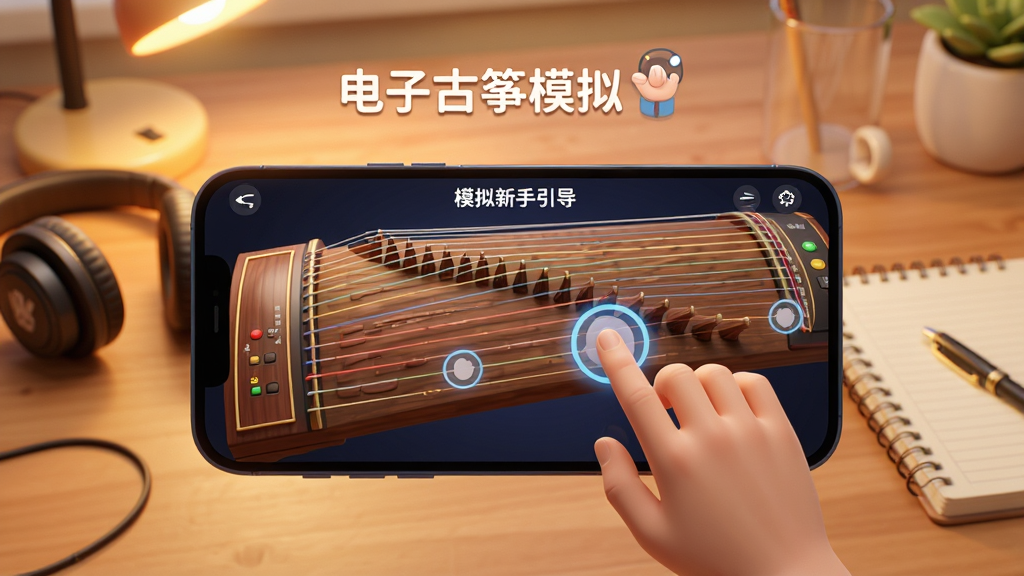 一张展示电子古筝模拟新手引导界面的图片,画面中手机屏幕显示古筝琴弦与手指触控提示动画,背景为暖色调书桌场景,旁边放有耳机与笔记本,风格生活化,画质清晰,图中带有“电子古筝模拟”文字标识