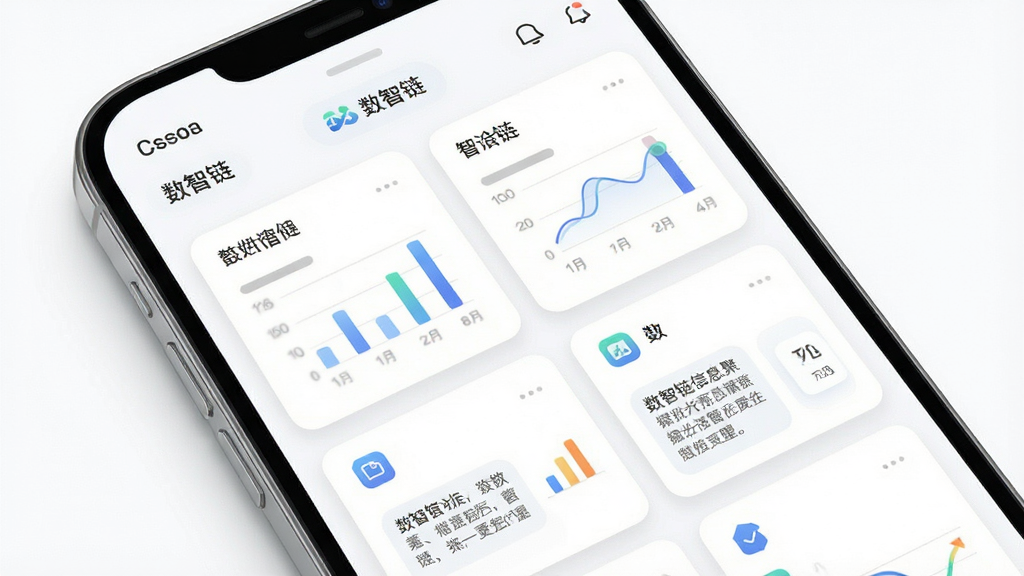 一幅展示数智链信息聚合面板功能的场景图,画面主体为手机屏幕上的卡片式信息面板,卡片排列整齐,包含图表、文字和图标,背景为干净的白色,风格为清新浅色风,细节上卡片有轻微圆角和阴影,画质高清,干净无多余元素,图中包含文字“数智链”