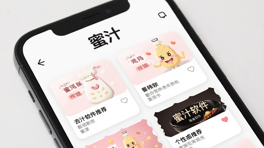 蜜汁软件推荐页面,手机屏幕显示个性化推荐列表,顶部有“蜜汁”品牌标识,内容以卡片流形式排列,背景为白色,风格简洁明快,细节丰富,画质干净,无多余元素