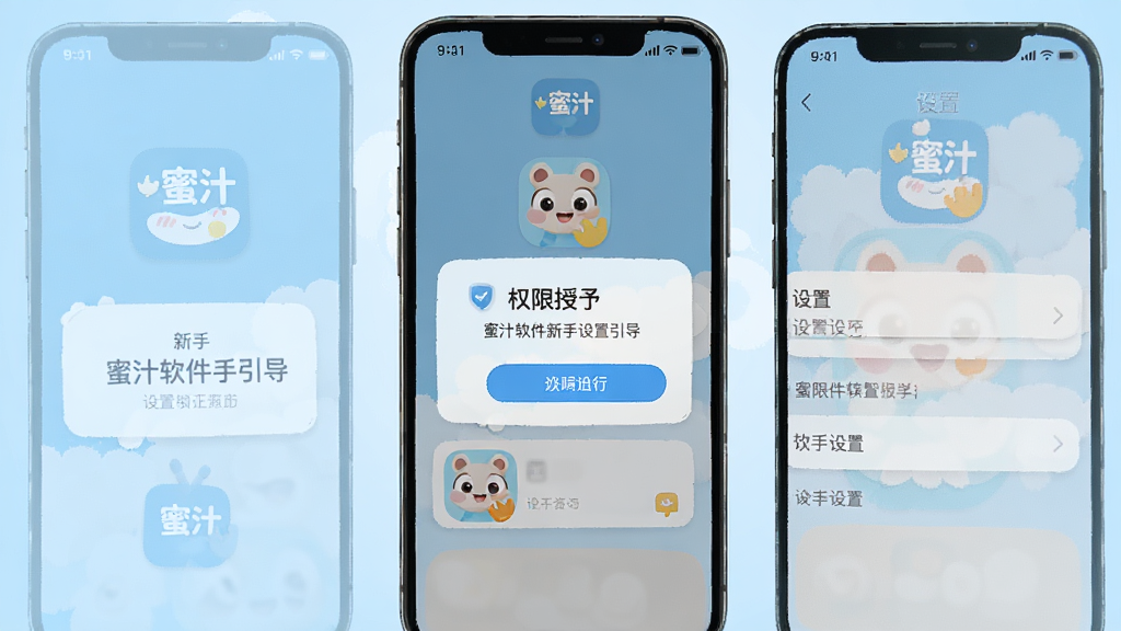 蜜汁软件新手设置引导页面,手机屏幕显示权限授予弹窗和设置选项,界面中有“蜜汁”标识,背景为浅蓝色,风格友好清晰,细节丰富,画质干净,无多余元素