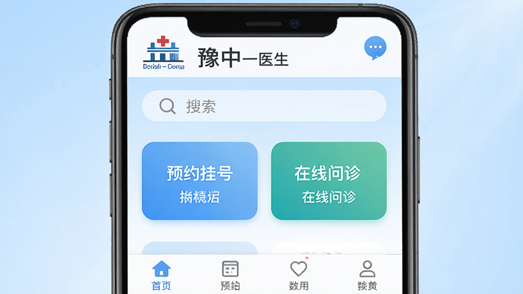 手机屏幕中央展示“豫中一医生”APP首页界面,顶部是医院logo和搜索栏,中间是预约挂号和在线问诊两个大按钮,底部是导航栏,背景是干净的浅蓝色渐变,画面风格简洁明亮,细节清晰,4K画质,干净无多余元素