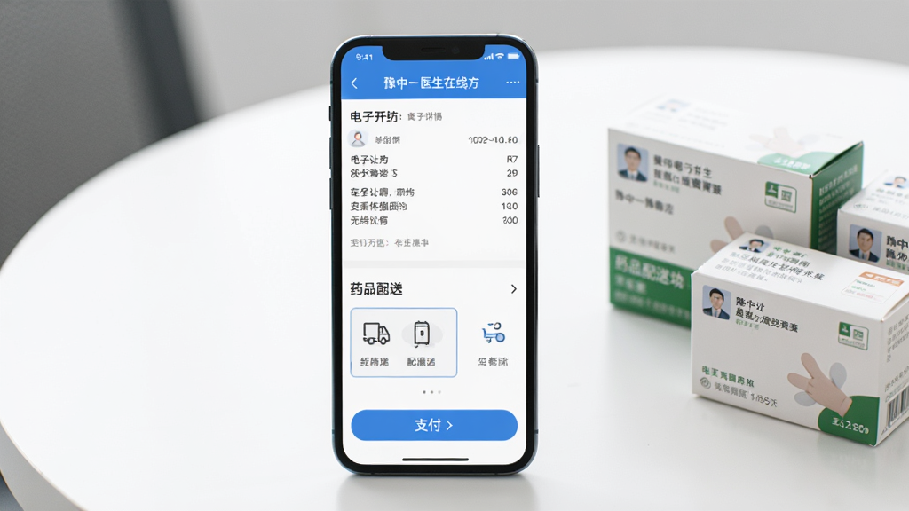 手机界面展示“豫中一医生”在线开药页面,屏幕上半部分是电子处方详情,下半部分是药品配送选项和支付按钮,旁边放着几盒药品,背景是干净的白色桌面,风格简约商务,画质清晰,干净无多余元素