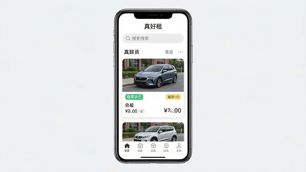 一张手机应用界面截图,画面中央展示“真好租”APP的主页,主体是手机屏幕,布局为顶部搜索栏、中间车辆列表卡片、底部导航栏,排版简洁整齐,风格为现代扁平化UI设计,细节包括车辆缩略图、租赁状态标签、价格显示,画质高清干净,无多余元素