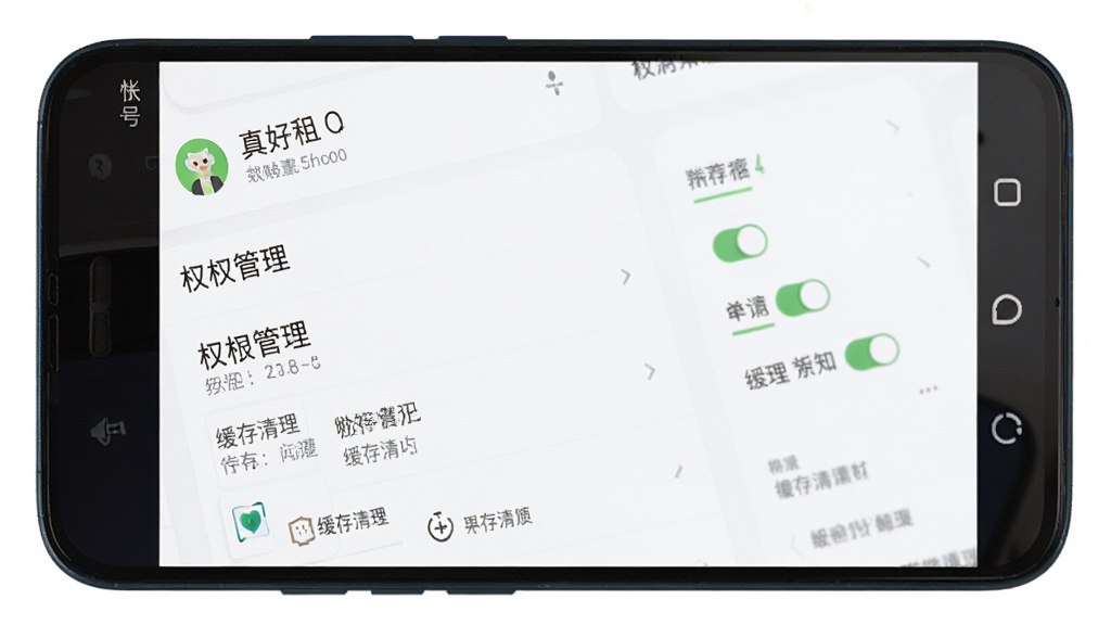一部安卓手机展示“真好租”APP的设置页面,主体是手机和界面,布局为顶部账号信息、中间权限管理列表,排版清晰,风格为浅色简约UI设计,细节包括权限开关按钮、缓存清理选项,画质高清干净,无多余元素