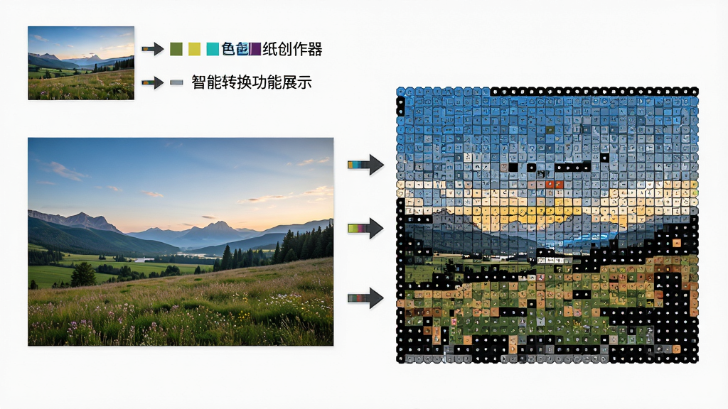 拼豆图纸创作器智能转换功能展示,主体为一张风景照片与对应的拼豆像素图纸并排对比,布局为左右对照式,排版工整,风格为写实科技感,细节包括照片缩略图、像素网格、色彩映射箭头,画质高清,干净,无多余元素
