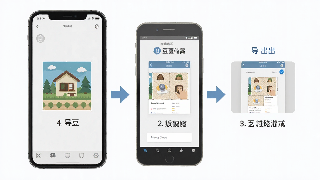 拼豆图纸创作器新手操作流程图,主体为手机屏幕展示从导入图片到生成图纸再到导出的完整步骤,布局为纵向流程图,排版清晰,风格为扁平化信息图,细节包括步骤序号、操作箭头、界面缩略图,画质高清,干净,无多余元素