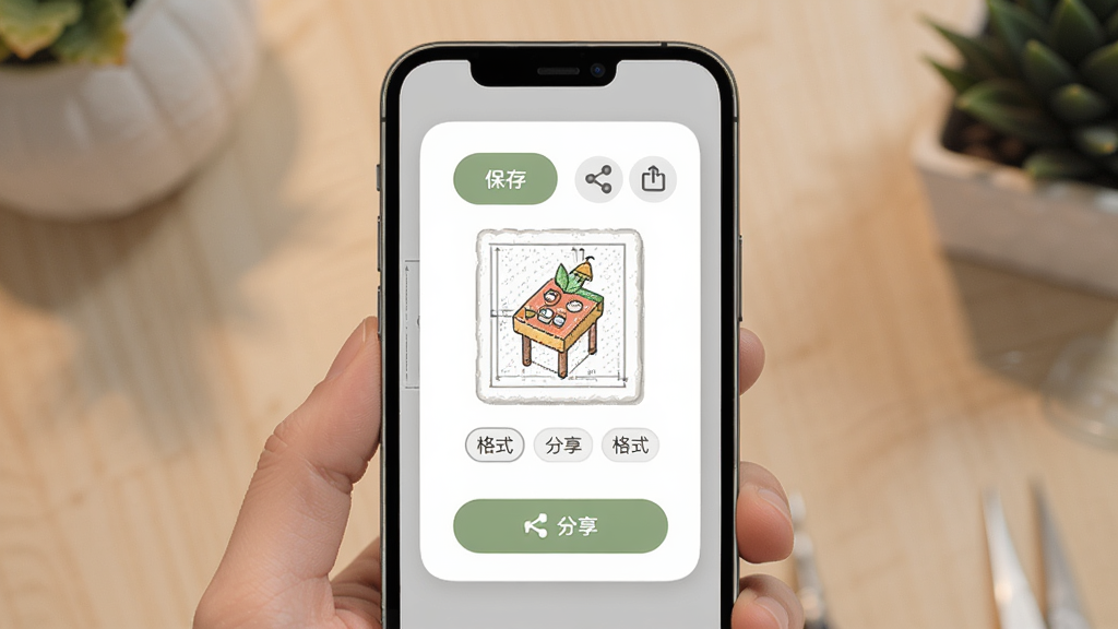 拼豆图纸创作器分享导出界面,主体为手机屏幕显示图纸预览与分享按钮,布局为居中卡片式,排版简洁,风格为柔和圆角风,细节包括保存按钮、分享图标、图纸缩略图、格式选项,画质高清,干净,无多余元素