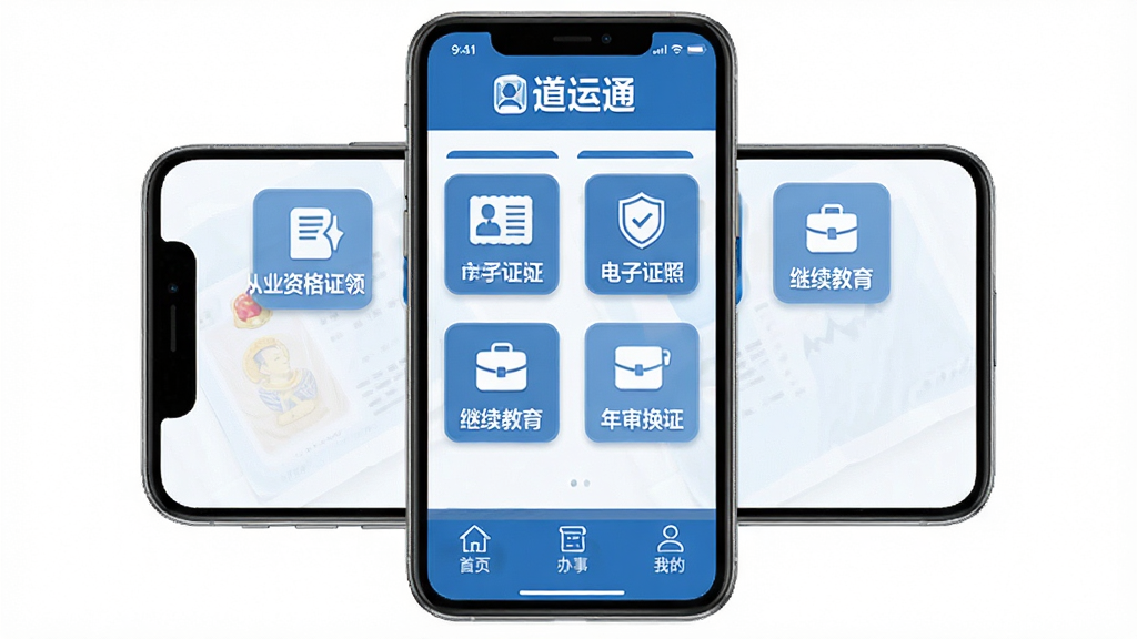 道运通手机应用主界面,蓝色政务风格,顶部显示