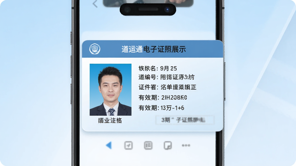 道运通电子证照展示页面,手机屏幕中央显示从业资格证电子版卡片,卡片上有持证人照片、姓名、证件编号、有效期等信息,背景为浅蓝色渐变,界面干净整洁,风格正式商务,画质清晰,无多余元素