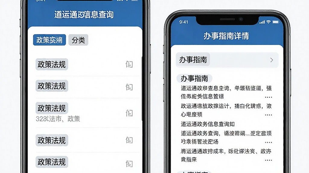 道运通政务信息查询页面,手机界面展示政策法规列表和办事指南详情,文字排版清晰,分类标签明显,蓝色政务风格,界面简洁大方,画质干净,无多余元素