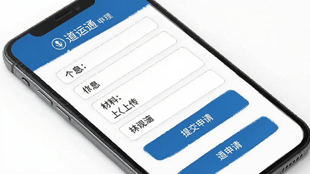 道运通业务办理页面,手机界面展示从业资格证申请表单,包含个人信息填写区、材料上传按钮、提交申请按钮,页面布局规整,蓝色主色调,风格简洁高效,画质干净,无多余元素
