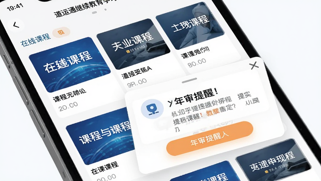 道运通继续教育学习页面,手机屏幕显示在线课程列表和年审提醒弹窗,课程封面整齐排列,提醒信息醒目,整体界面清爽,浅色背景,风格教育类应用,画质清晰干净,无多余元素