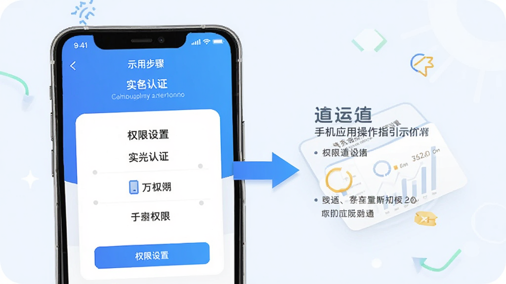 道运通手机应用操作指引示意图,手机屏幕展示实名认证步骤和权限设置界面,画面中有清晰的箭头指示和文字标注,风格简洁明快,浅色背景,画质干净,无多余元素