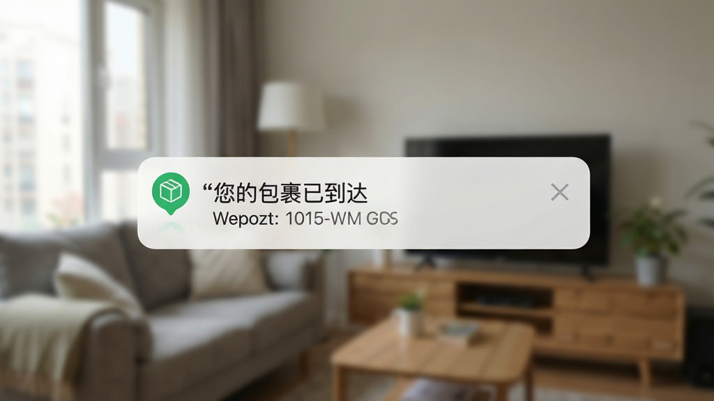 Wepozt实时推送通知界面,手机屏幕弹出物流更新提醒,显示“您的包裹已到达”字样,背景为室内场景,风格生活化,细节包含通知图标和时间戳,画质清晰,干净,无多余元素