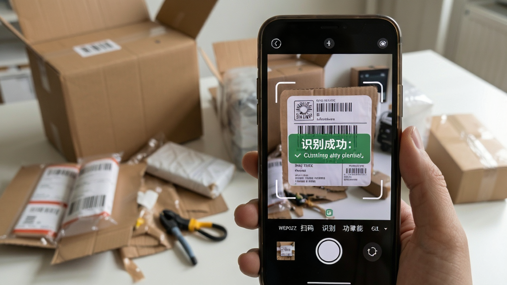 Wepozt扫码识别功能演示,手机摄像头对准快递面单条码,屏幕显示识别成功提示,背景为快递纸箱和包装材料,风格真实场景,细节包含扫描框和对焦线,画质清晰,干净,无多余元素