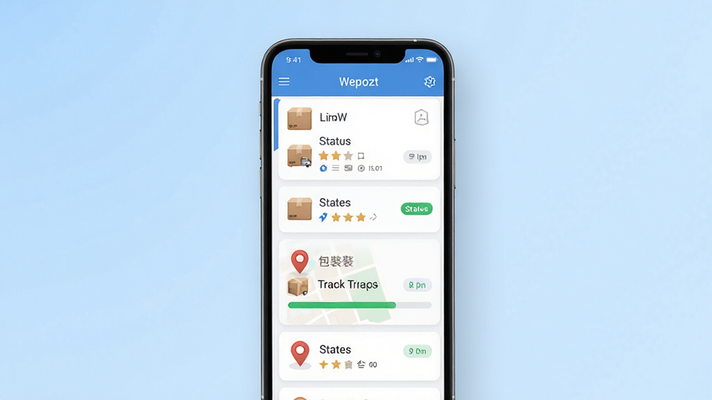 Wepozt软件主界面展示,画面中央放置一部智能手机,屏幕上显示物流查询列表和包裹追踪进度条,背景为浅蓝色渐变,整体布局简洁清晰,风格现代商务,细节包含快递图标、地图定位标记和状态标签,画质清晰,干净,无多余元素
