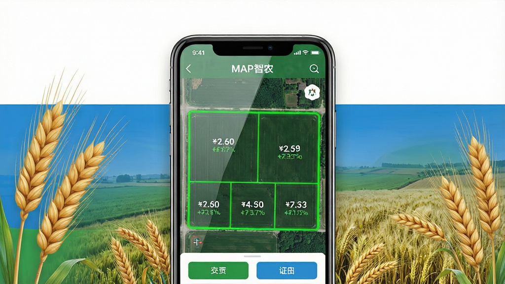 画面主体为一部智能手机,手机屏幕上显示MAP智农软件的卫星地图界面,地图中有清晰的绿色地块边界线和面积数字标注;布局采用手机居中、周围环绕麦穗与农田元素的构图;排版简洁大方,上方留白;风格为现代科技农业风,色调以绿色和蓝色为主;细节上手机屏幕有轻微反光,地块边界用亮绿色描边,界面按钮清晰可见;画质高清、干净、无多余元素